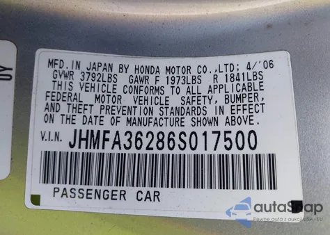 2006 Honda Civic Hybrid z USA, uszkodzony, nr VIN JHMFA36286S017500